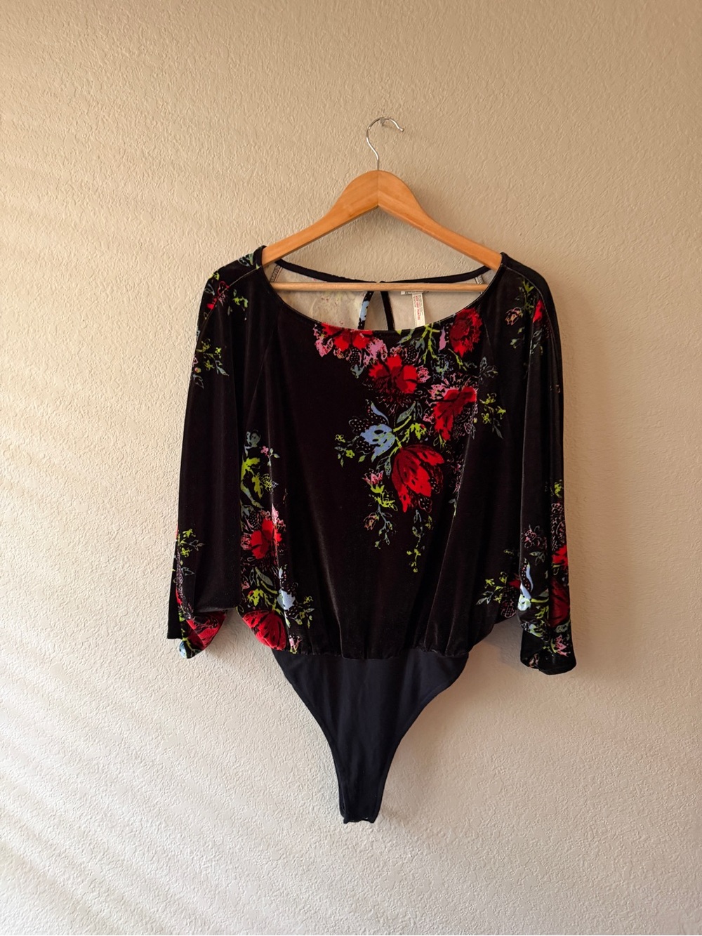 Free People Black Velvet Floral Bodysuit Size Small